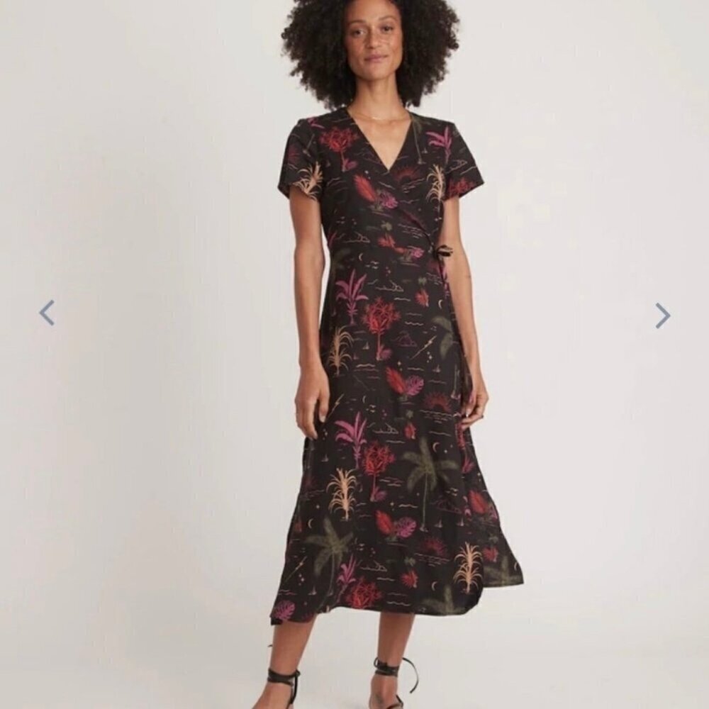 Marine layer Emlyn Midi Wrap Dress inMidnight Palms XS